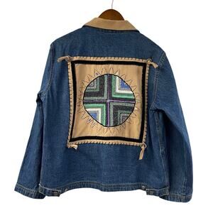 Jean Jacket Denim Chore Coat Seed Bead Vintage Suede Collar Small Western Boho